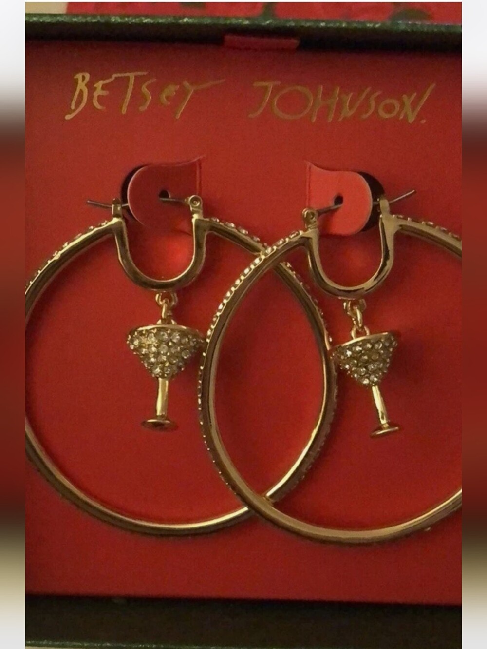 Betsey Johnson Gold-Tone Hoop Earrings with Martini Crystal Charms